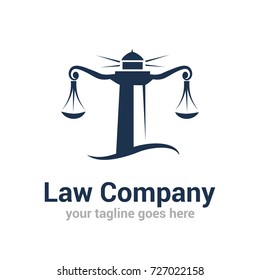 Vector logo template for law company. Illustration of lighthouse with scales in blue color. EPS10. Creative idea for lawyer logotype. Maritime sign.