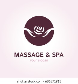 Vector logo template for massage parlor or SPA salon. Illustration of rose in female hands. EPS10. Circle and simple logotype.