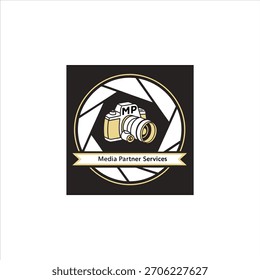 Vector logo template for media or photography businesses. Features a detailed camera illustration with "MP" initials, set inside a stylized camera shutter circle. Includes a ribbon banner with the tex