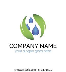 Vector logo template for mineral water. Illustration of drops of water surrounded by leaves. 3d design. Green energy concept icon. Ecology logotype. EPS10.