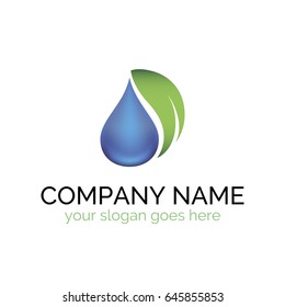 Vector logo template for mineral water. Water drop with green leaf. 3d design. Alternative energy concept icon. Ecology logotype. EPS10.