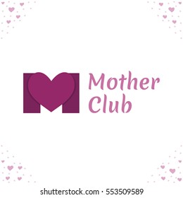 Vector logo template for mother club, care during pregnancy, protection, pregnancy support. The letter M and the heart in purple color.