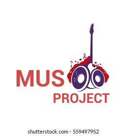 Vector logo template for musical project. Music icon. Image of guitar and music speakers, label for sound recording studio. 