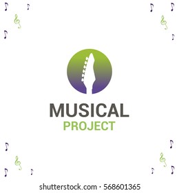 Vector logo template for musical project. Music icon.Image of fretboard guitar, label for sound recording studio. 