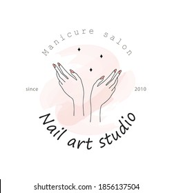 Plantilla de logotipo vector para estudio de arte de uñas. Diseño moderno para la manicura y el salón de pedicura y centro de bienestar. Ilustración lineal aislada en el fondo de la acuarela rosa.