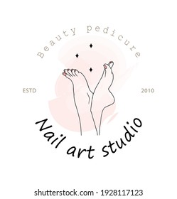 Vector logo template for nail art studio. Modern design for manicure and pedicure salon beauty and spa center. Linear illustration isolated on pink watercolor background.