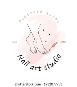 Vector logo template for nail art studio. Modern design for manicure and pedicure salon beauty and spa center. Linear illustration isolated on pink watercolor background.