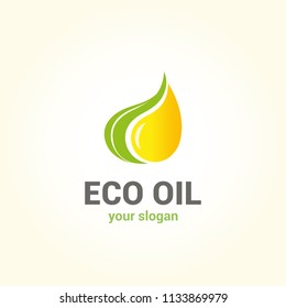 Vector logo template for oil company. Industrial  design. Illustration of oil drop and green leaf. Eco production. Environment protection. Bio technology logotype.