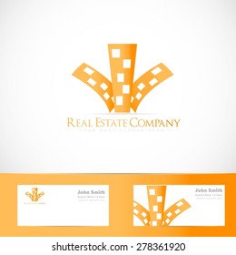 Vector logo template of orange real estate building of flats with business card