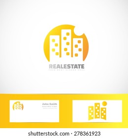 Vector logo template of orange real estate building of flats and moon with business card