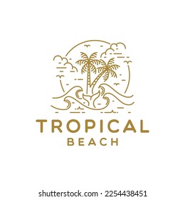 Vector Logo Template with Palm Tree Island. Ocean Waves and Whale Tail Design Vector Illustration