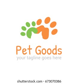 Vector logo template for pet shop,  veterinary clinic. Creative idea for animal feed. Illustration of traces of  pets with silhouette of cat's head. EPS10.