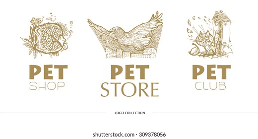 Vector logo template for pet store or shop. Hand drawn detailed contoured illustration. 