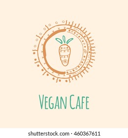 Vector logo template with a picture of carrots for Vegan cafe or restaurant menu or organic food shop. Hand drawn ayurvedic illustration.
