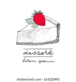 vector logo template with a piece of cake with a berry. Can be use for bakery, pastry, coffee houses, confectioneries, cafe, shop and products. Vintage illustration. Hand drawn cheesecake