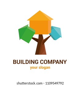 Vector logo template for real estate company. Illustration of a tree on which houses grow. Design element. Creative logotype for building company. EPS10.