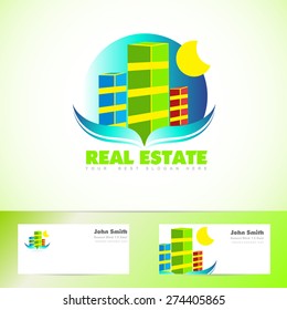 Vector logo template of real estate icon with colored buildings