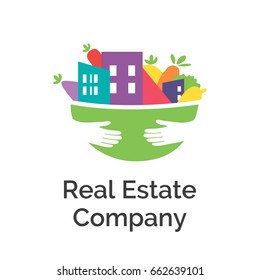 Vector logo template for real estate company. Illustration of skyscrapers and vegetables with fruits in a package for food in the hands of a man. Design element. Creative idea for logotype. EPS10.