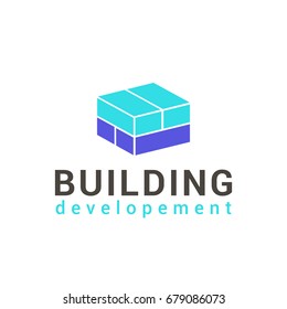 Vector logo template for real estate or building company. Illustration of a house made of four blue and green bricks. EPS10. Icon concept. Creative logotype for architecture company.