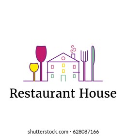 Vector logo template for restaurant or cafe. A house with a fork, a spoon and glasses in the form of trees. Creative idea for logotype. EPS10.