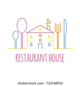Vector logo template for restaurant or cafe. Illustration of multicolor house in linear style with spoons, fork and knife in the form of trees. Creative idea for cafe logotype or catering. EPS10.