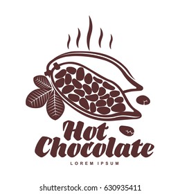 Vector logo template roasted cocoa beans. Hot cocoa, hot chocolate. Vector template for business card, poster, banner, design elements for cafe, coffee shop. Isolated on white background.
