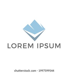 plantilla de logotipo vectorial con un icono de montaña rocosa, con un campo que se asemeja a la letra V debajo de ella