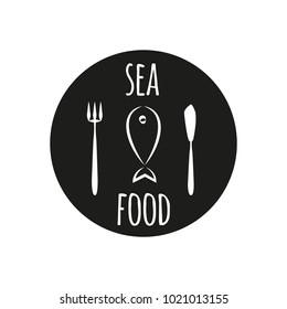 Vector logo template for seafood restaurant. Illustration of plate with fish. Black and white design. 
EPS 10. Design element for fish-menu, banners.