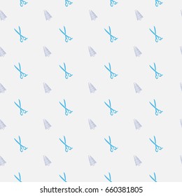 Vector logo template for sewing studio or tailor. Blue scissors and grey spools of thread.. Can be used for print on clothes, package, banner, wrapping paper. EPS10.