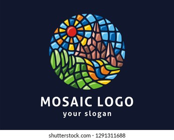 Vector logo template. Sign landscape in mosaic style.