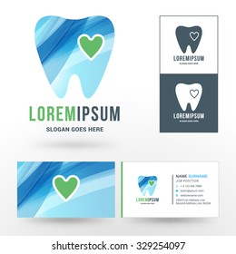 Vector Logo Template. Silhouettes of Tooth with Abstract Blue Waves and Green Heart. Logo for Dental Clinic