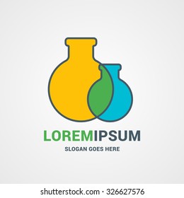 Vector Logo Template. Silhouettes of Yellow and Blue Flasks Intersect. logo for Pharmaceutical Companies or Laboratories