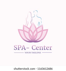 Vector Logo Template For SPA Salon, Cosmetology Room, Massage, Boutique Hotel, Wellness Centre. Illustration Of Lotus With Silhouettes Of Man And Woman. EPS10.