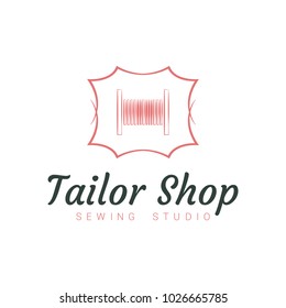 Vector logo template for tailor shop. Sewing studio logotype. Illustration of coil with threads in the frame. Design element for web, banner or print on cloth. EPS10.
