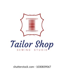 Vector logo template for tailor shop or sewing studio. Red coil with threads in the frame. Design element for web, banner or print on cloth. EPS10.