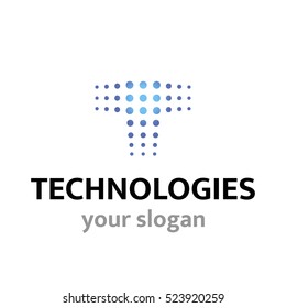 Vector logo template for technology or communications companies, high-tech innovation. Letter T composed of circles.