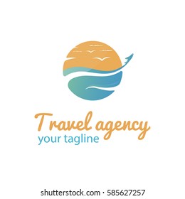 Vector logo template for travel agency. Illustration of sea, gulls in the sky and the airplane flying away. Creative logotype. EPS10.