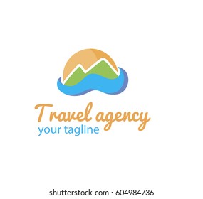 Vector logo template for travel agency. Illustration of sea, mountains and sun. Travel emblem. Creative logotype. EPS10.  