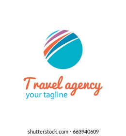 Vector logo template for travel agency. Abstract illustration of the globe. Circle logo. Sign of Earth. EPS10. Creative logotype for unusual travels. Touristic label.