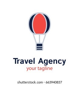 Vector logo template for travel agency. Illustration of air balloon in blue and red colors . EPS10. Creative logotype for unusual travels. Touristic emblem.
