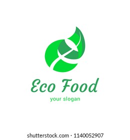 Vector logo template for vegan or vegetarian food. Illustration of green leaf. Vegan badge. Can be used for vegetarian cafe, store or shop. EPS10. Eco product logotype.