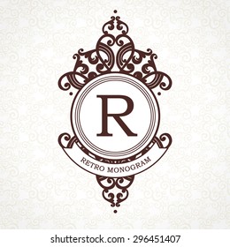 Vector logo template in Victorian style. Ornate element for design. Place for company name and slogan. Ornament floral vignette for business card, wedding invitations, certificate, business sign.