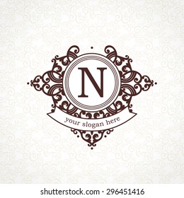 Vector logo template in Victorian style. Ornate element for design. Place for company name and slogan. Ornament floral vignette for business card, wedding invitations, certificate, business sign.