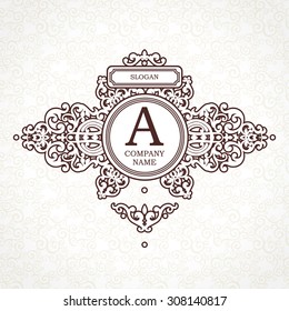 Vector logo template in Victorian style. Ornate black element for design. Place for company name and slogan.Ornament floral vignette for business card, wedding invitations, certificate, business sign.