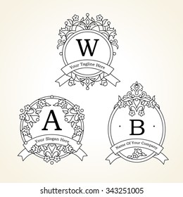 Vector logo template in Victorian style. Ornate element for design. Place for company name, slogan, monogram. Floral outline ornament for business card, boutique brand, certificate, business sign.