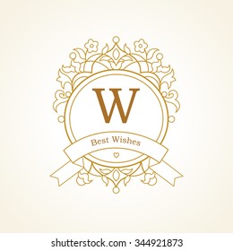 Vector logo template in Victorian style. Ornate element for design. Place for company name, slogan, monogram. Floral outline ornament for business card, boutique brand, certificate, business sign.