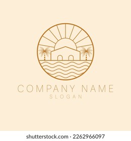 Vector logo template with villa and palm trees - abstract summer and vacation icon and emblem for vacation rentals, travel services, tropical spas and beauty studio. 