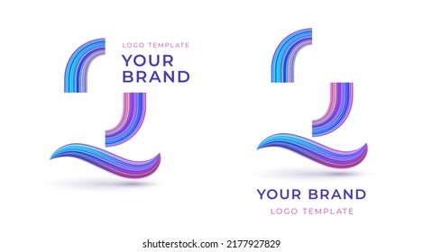 Vector logo template with volumetric realistic letter Q. 3D typography with neon stripes for branding. Colorful striped monogram O in wavy font