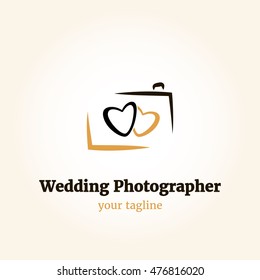 Vector logo template for wedding photographer. Illustration of camera with two hearts, black and brown color.