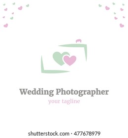 Vector logo template for wedding photographer. Illustration of camera with two hearts: mint and pink.